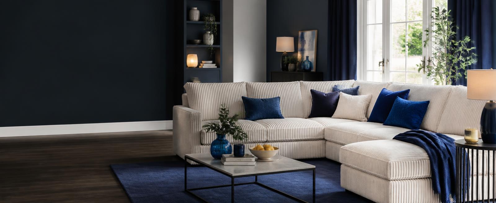 Cream corner sofa in a modern navy living room